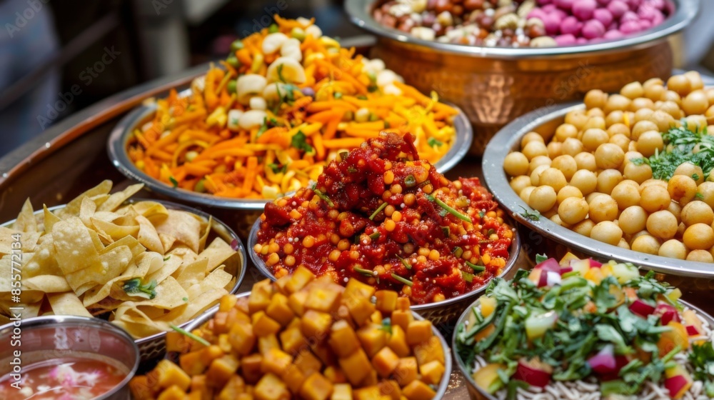A platter of colorful Indian street food snacks including bhel puri, papdi chaat, and pani puri A platter of colorful Indian street food snacks including bhel puri, papdi chaat, and pani puri