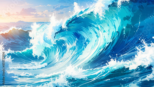 abstract soft blue and white abstract water color ocean wave texture background .Fluid blue ocean wave layer Tsunami wave background in flat cartoon style. Big blue tropical water splash.	