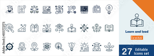 Learn and lead icon collection set. Containing knowledge, study, grow, development, exploration, training, adaptation icon. Simple line vector.