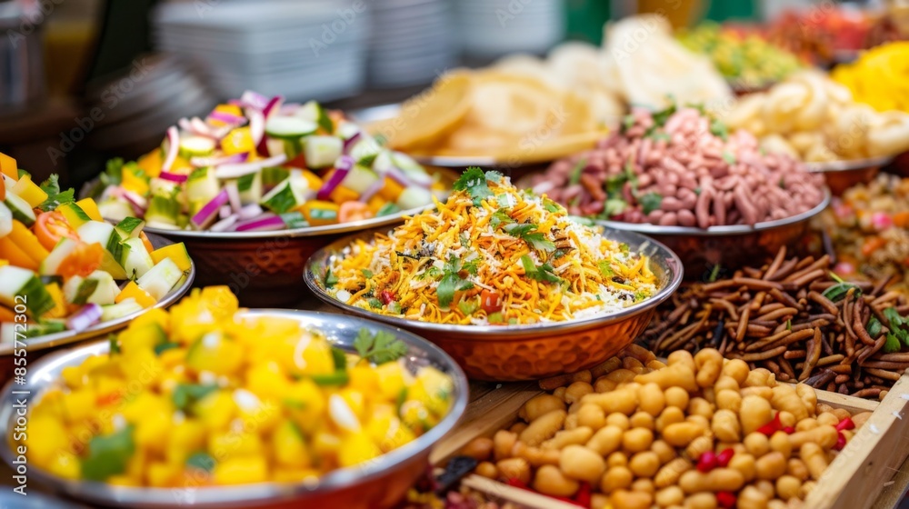 A platter of colorful Indian street food snacks including bhel puri, papdi chaat, and pani puri