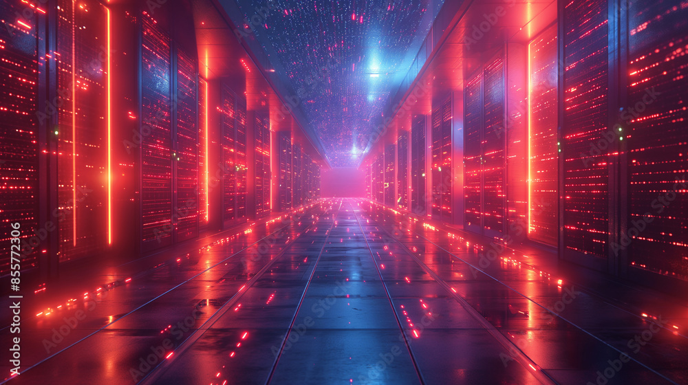 A long red hallway with neon lights and a blue sky background A long red hallway with neon lights and a blue sky background
