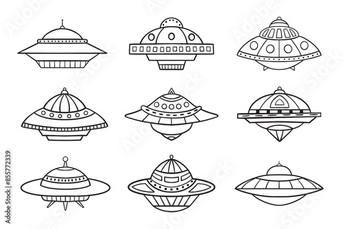Set of vector illustration with flying saucers in doodle style isolated on a white background.