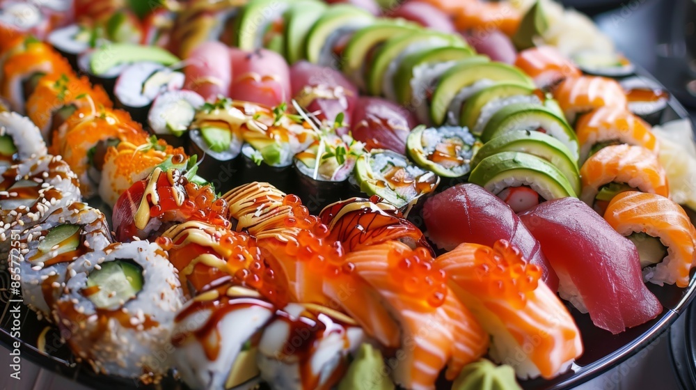 A platter of colorful sushi rolls with fresh fish, avocado, cucumber, and soy sauce for dipping A platter of colorful sushi rolls with fresh fish, avocado, cucumber, and soy sauce for dipping