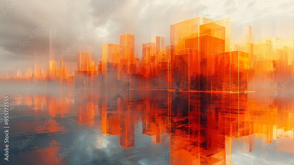 Orange abstract art with digital rendering of a surreal city. With yellow geometric buildings and a dreamy sky. Orange abstract art with digital rendering of a surreal city. With yellow geometric buildings and a dreamy sky.
