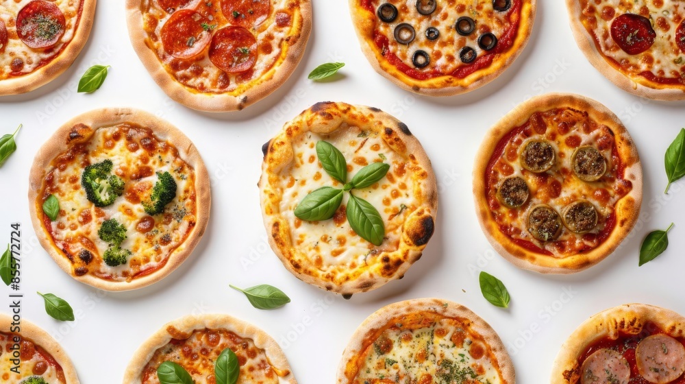 3 Assorted mini pizzas with various toppings arranged in circle white background bird's-eye view 3 Assorted mini pizzas with various toppings arranged in circle white background bird's-eye view