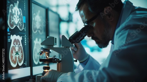 Close-up of a doctor examining a kidney biopsy sample under a microscope.
