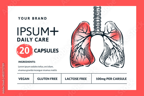 Respiratory disease, inflammation, pulmonary pain, pneumonia concept. Capsules or pills package, label, sticker, banner design template. Vector hand drawn sketch human lungs organs