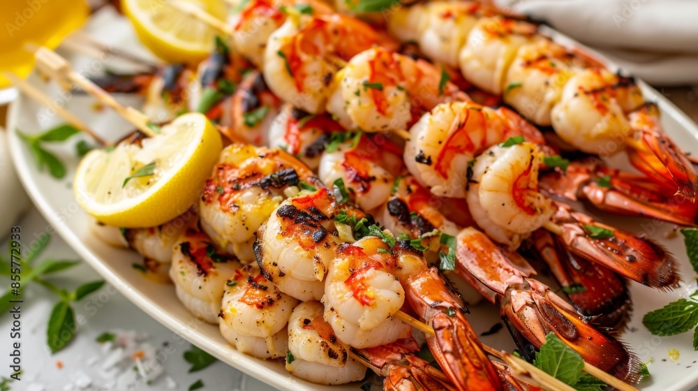 A platter of grilled lobster tails, shrimp skewers, and scallops, garnished with lemon wedges and herbs A platter of grilled lobster tails, shrimp skewers, and scallops, garnished with lemon wedges and herbs