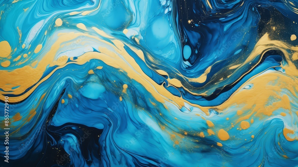 Blue and gold marble with wavy waves, liquid marble texture. Abstract artistic background. Blue and gold marble with wavy waves, liquid marble texture. Abstract artistic background.