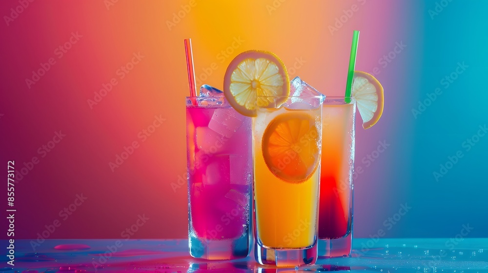 Still life with three tall glasses with cocktails: straws and slices of oranges and lemons on the table on a bright gradient multicolored background Still life with three tall glasses with cocktails: straws and slices of oranges and lemons on the table on a bright gradient multicolored background
