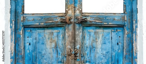 Vintage blue wooden door frame isolated on a white background. with copy space image. Place for adding text or design
