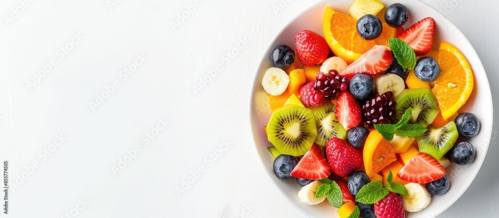 Bowl of healthy fresh mixed fruit salad isolated on white background. Copy space image. Place for adding text or design