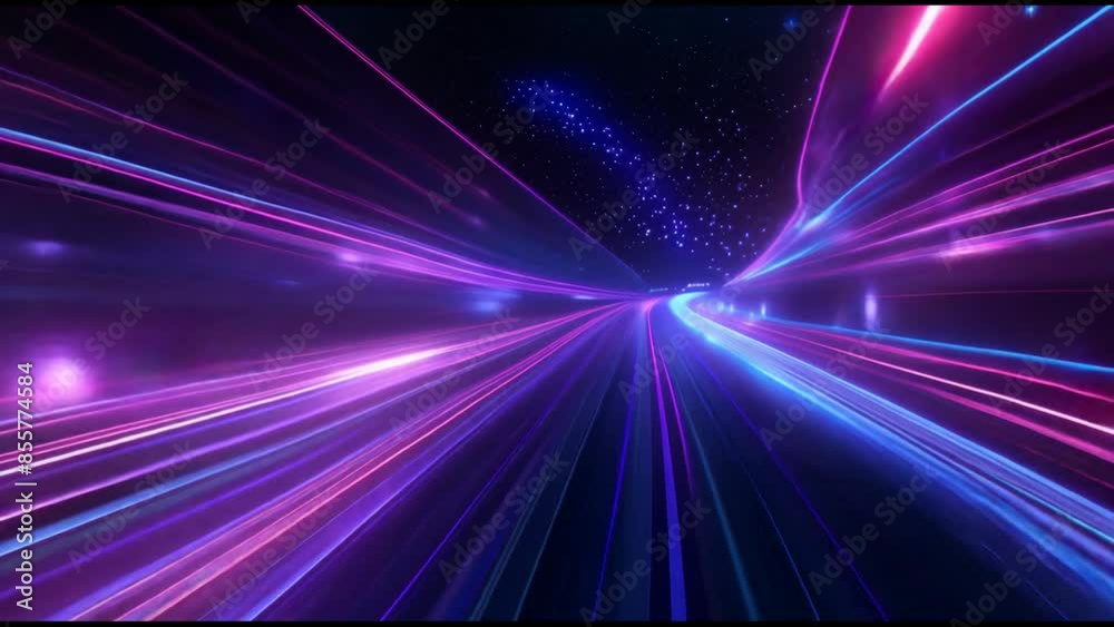 Imaginative 3D illustration of an abstract flight through a tunnel of retro neon hyper warp space.