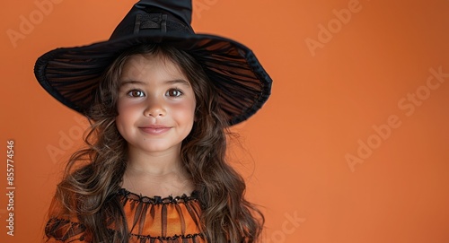 charming portrait of a young toddler girl dressed in a Halloween witch costume. The background is a vibrant orange, highlighting the festive theme. Perfect for seasonal and holiday content