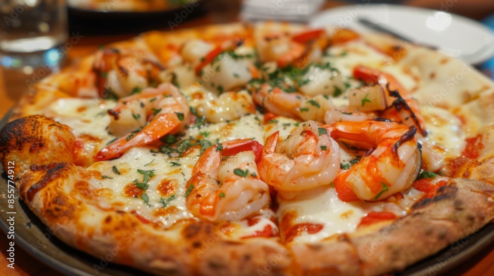 A seafood pizza with lobster tail, shrimp, scallops, and mozzarella cheese on a thin crust A seafood pizza with lobster tail, shrimp, scallops, and mozzarella cheese on a thin crust