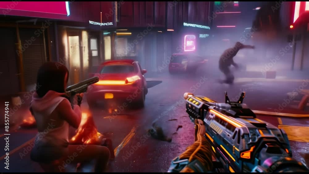 Videogame action shooter gameplay with blockchain design for consoles or web 3.0, earning gaming crypto tokens and promoting crypto project future through wide banners.