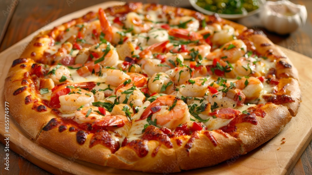A seafood pizza with lobster tail, shrimp, scallops, and mozzarella cheese on a thin crust