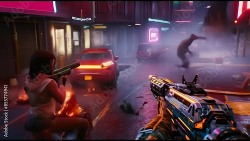 Videogame action shooter gameplay with blockchain design for consoles or web 3.0, earning gaming crypto tokens and promoting crypto project future through wide banners.