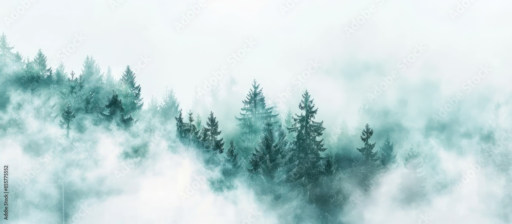 Forest covered in white fog. Copy space image. Place for adding text or design Forest covered in white fog. Copy space image. Place for adding text or design