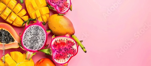 Fototapeta Naklejka Na Ścianę i Meble -  Frame of papaya, mango and dragon fruits on pastel background. Flat lay. Top view. Tropical fruit concept. with copy space image. Place for adding text or design