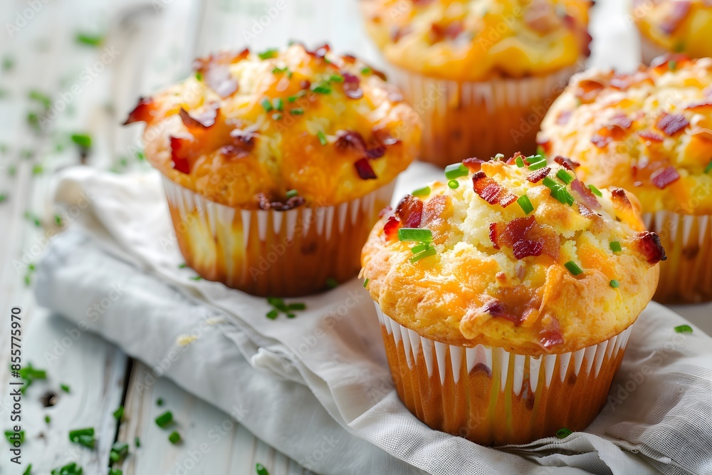 Muffins with bacon and cheese on a wooden table.