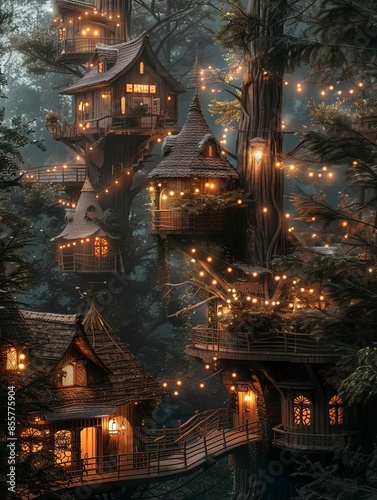 13 Enchanted forest with whimsical treehouses and glowing lanterns bird's-eye view photo