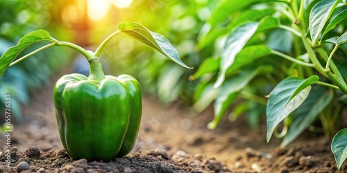 Sweet green pepper growing in a vibrant vegetable patch in the garden , sweet, green, pepper, vegetable, patch, garden, organic photo