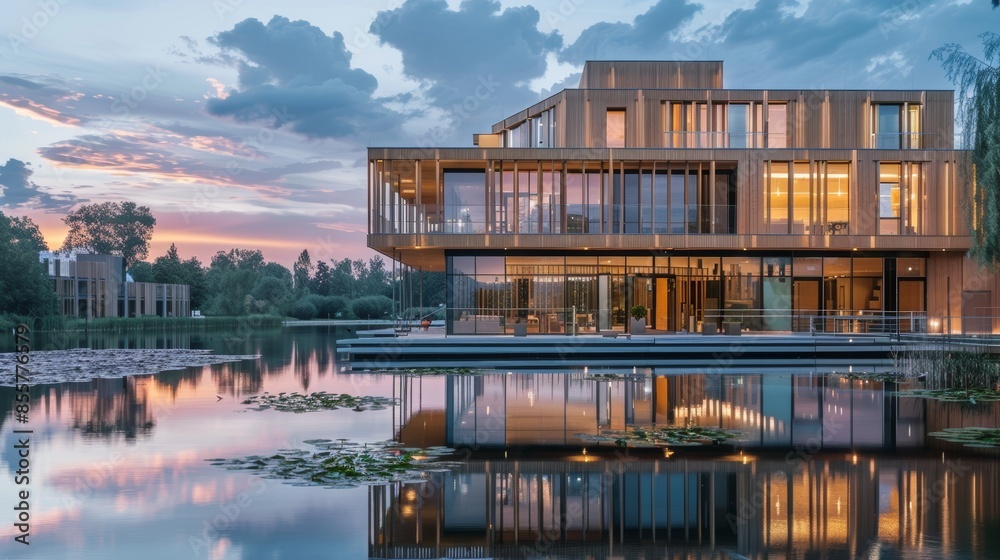 Modern lakeside house with large glass windows reflecting the sunset ...