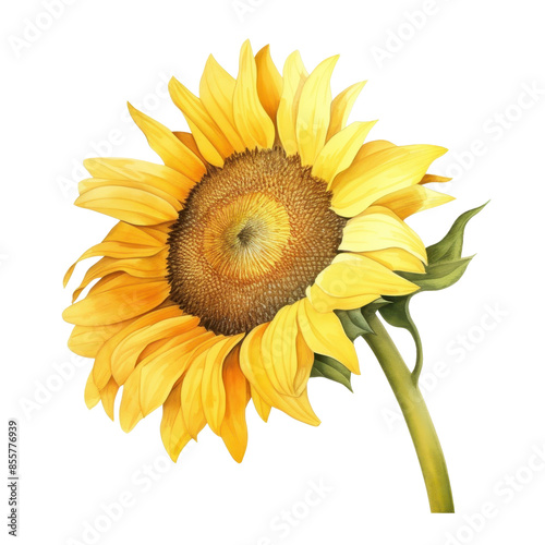Vibrant, close-up image of a blooming sunflower with bright yellow petals and a detailed center, isolated on a white background.