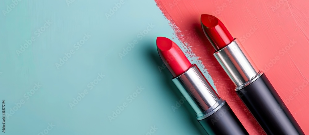 Obraz premium Red lipstick set Isolated on pastel background Woman. with copy space image. Place for adding text or design
