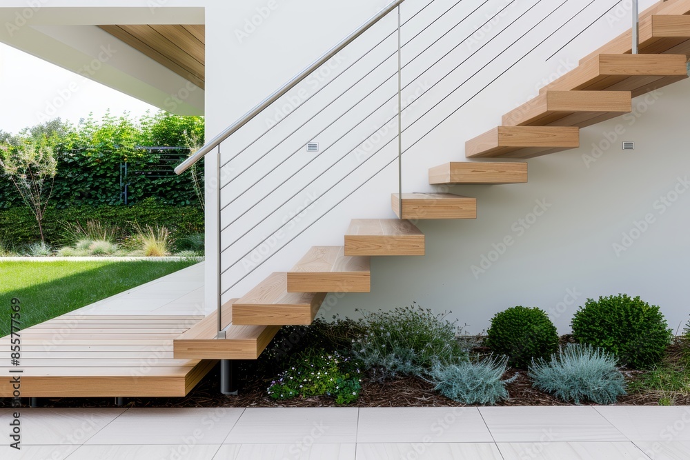 Modern wooden staircase with railing, leading to a neatly landscaped garden in a contemporary outdoor setting. Modern wooden staircase with railing, leading to a neatly landscaped garden in a contemporary outdoor setting.