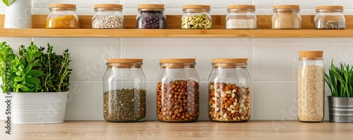 Organized kitchen shelves showcasing a variety of spices and grains in glass jars with wooden lids, alongside potted plants for a fresh look. photo