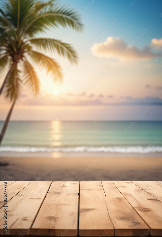 Top of wood table with seascape and palm tree, blur bokeh light of calm sea and sky at tropical beach background Top of wood table with seascape and palm tree, blur bokeh light of calm sea and sky at tropical beach background