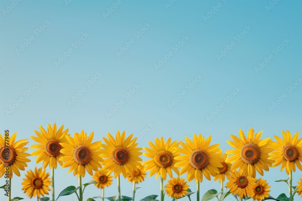 Fototapeta premium A row of vibrant sunflowers in full bloom under a clear blue sky, capturing the beauty of nature on a sunny day.