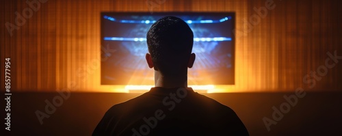 A person watching a glowing screen in a dimly lit room, experiencing an immersive and captivating moment of digital entertainment. photo