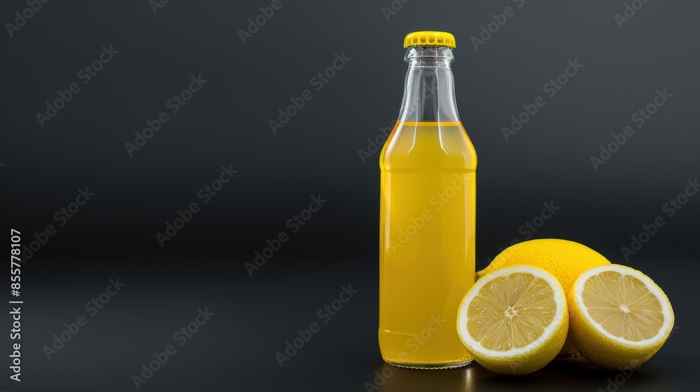 Close-up of a glass bottle filled with fresh yellow citrus juice, next to whole and halved lemons, against a black background. Close-up of a glass bottle filled with fresh yellow citrus juice, next to whole and halved lemons, against a black background.