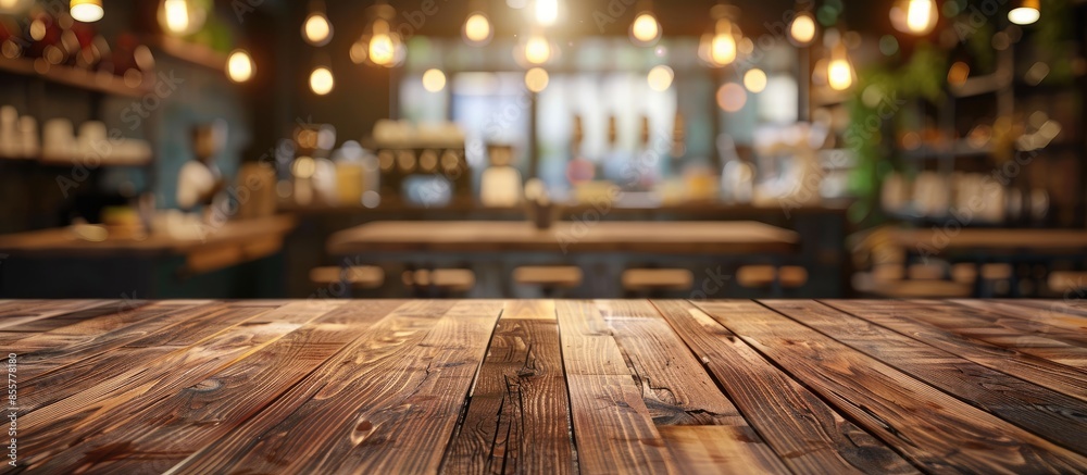 Coffee shop blur background with bokeh and brown wood table image. with copy space image. Place for adding text or design Coffee shop blur background with bokeh and brown wood table image. with copy space image. Place for adding text or design