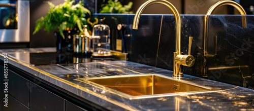 Luxurious interior square golden brass sink and faucet double tap mixer in contemporary modern design with stone marble stoneware countertop black and gold kitchen with sandwatch and glass pot photo