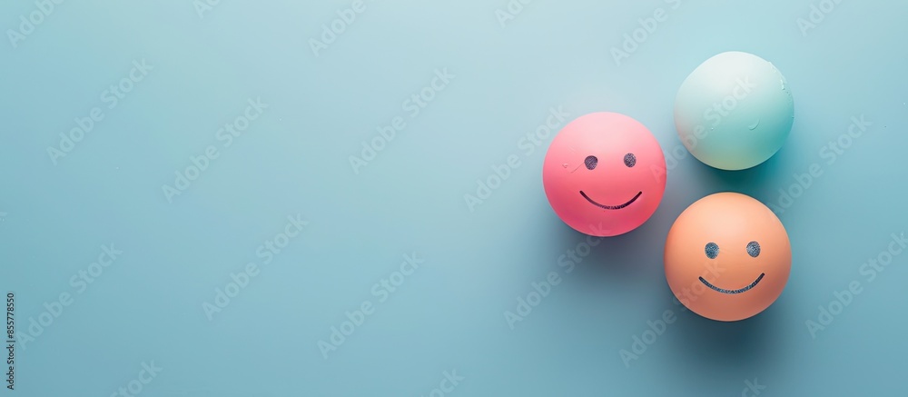 Couple Bubble smile with happy face on pastel blue background, Positive thinking, Mental health assessment, World mental health day concept. with copy space image. Place for adding text or design Couple Bubble smile with happy face on pastel blue background, Positive thinking, Mental health assessment, World mental health day concept. with copy space image. Place for adding text or design