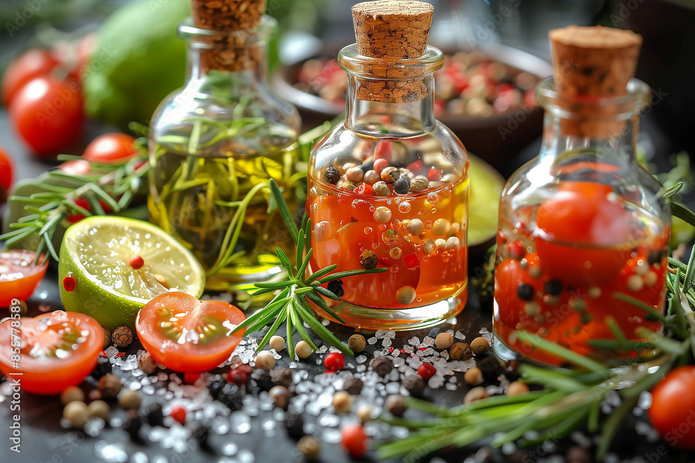 Three glass bottles of different colored liquids sit on a table with a variety of spices and vegetables. The bottles are labeled with the names of the liquids, and the spices include pepper, salt Three glass bottles of different colored liquids sit on a table with a variety of spices and vegetables. The bottles are labeled with the names of the liquids, and the spices include pepper, salt