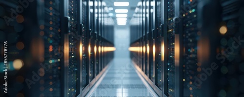 A long hallway with rows of servers on either side. The lights in the ceiling cast a soft glow on the equipment.