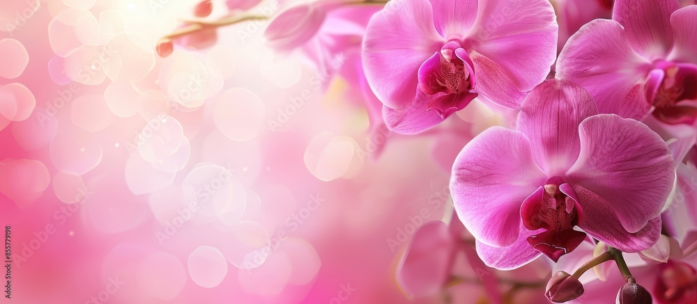 Fototapeta premium Pink orchid flower. Greeting background. with copy space image. Place for adding text or design