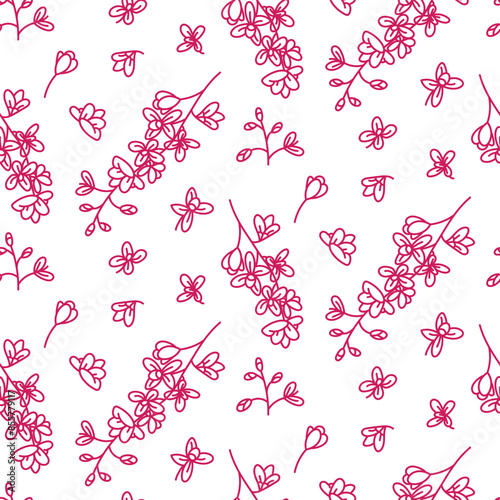 A doodle illustration pattern in the form of a pink orchid with leaves. Seamless freehand drawing with a wide line. shades of pink on white. Romantic silhouette for a holiday on wedding cards