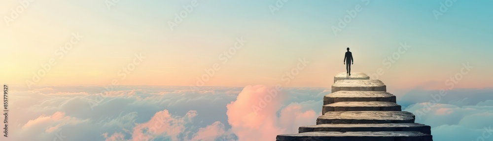 A lone figure stands at the top of a stairway leading into the clouds.