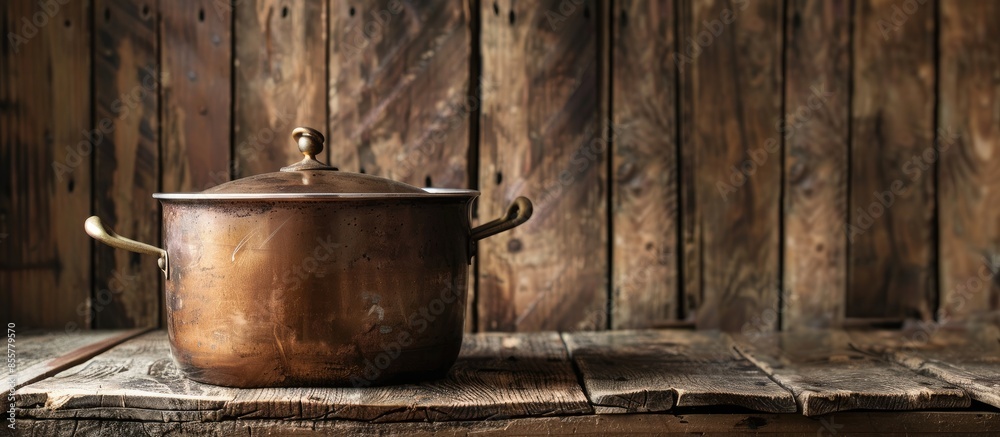 cooking pot on old wooden table. Copy space image. Place for adding text or design cooking pot on old wooden table. Copy space image. Place for adding text or design