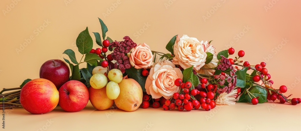 Still life with asters and roses bunch with fruits Isolated on pastel background. with copy space image. Place for adding text or design Still life with asters and roses bunch with fruits Isolated on pastel background. with copy space image. Place for adding text or design