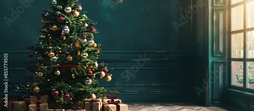 Christmas tree decorated for holiday season ready for Santa Claus visit. with copy space image. Place for adding text or design photo