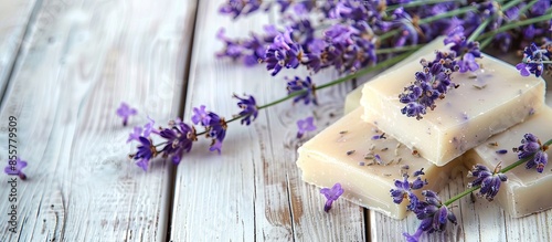 Bars of handmade soap with lavender flowers over white wood grunge background. Copy space image. Place for adding text or design