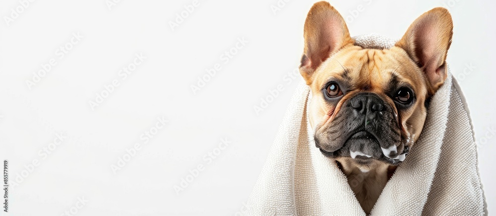 Cute dog with towel after washing on white background. with copy space image. Place for adding text or design