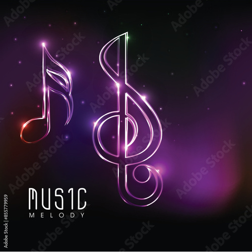 Neon Lights Music Notes on Dark Purple Background for Music Melody.